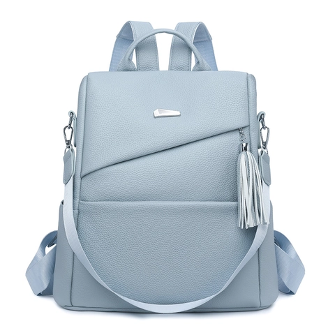 Women PU Leather Fashion Backpack Litchi Texture Anti-Theft Large Capacity Travel School Bag Tassel Charm Dual Use Shoulder Bag