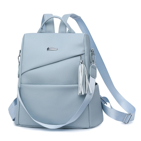 Women PU Leather Fashion Backpack Litchi Texture Anti-Theft Large Capacity Travel School Bag Tassel Charm Dual Use Shoulder Bag