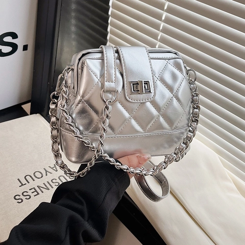 Women Quilted PU Leather Crossbody Bag Rhombic Pattern Chain Strap Square Shoulder Handbag Metal Lock
