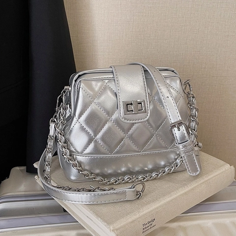 Women Quilted PU Leather Crossbody Bag Rhombic Pattern Chain Strap Square Shoulder Handbag Metal Lock