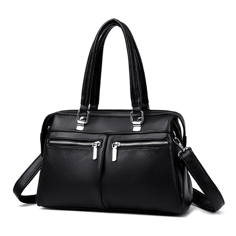 Women Lychee Pattern PU Leather Boston Bag Casual Commuting Handbag With Double Zippers Shoulder Crossbody Bag For Daily Use