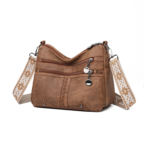 Damen Umhängetasche Retro PU Leder Multi-Pocket Schulterhandtasche Mit Ethno Breitem Riemen Große Kapazität Lässig