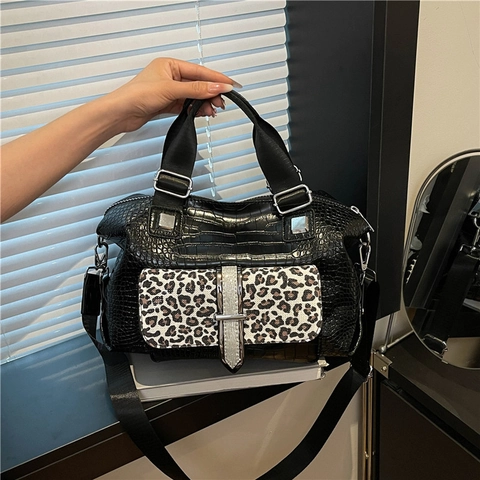 Borsa A Mano Boston Da Donna Motivo Coccodrillo Pelle PU Patta Leopardata Borsa A Tracolla Cinghia Larga Rimovibile Moda Street Trend