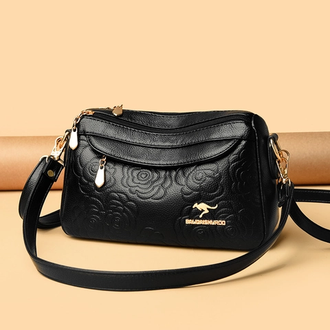 Damen Blumen Prägung Umhängetasche Vintage PU Leder Schultertasche Dreifach Reißverschluss Schicht Elegante Handtasche Goldene Hardware Messenger Bag