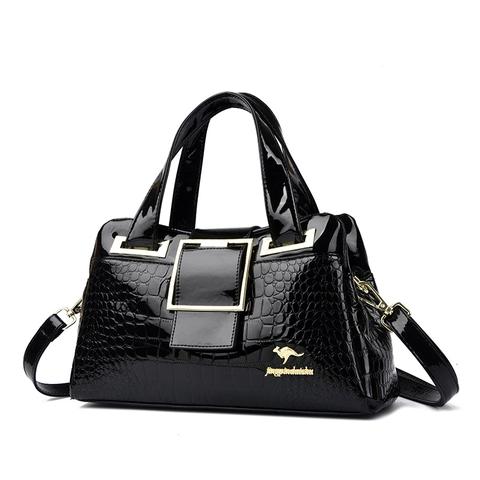 Bolso De Mano Mujer Cocodrilo Relieve Cuero PU Patente Bolso Bandolera Elegante Hebilla Dorada Logo Canguro Bolso