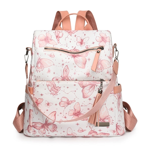 Schmetterling Druck Damen Mode Rucksack Große Kapazität Reise Schultasche Mit Quastenanhänger Multifunktionale Kunstleder Lässig