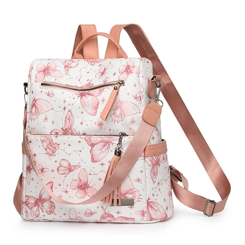 Schmetterling Druck Damen Mode Rucksack Große Kapazität Reise Schultasche Mit Quastenanhänger Multifunktionale Kunstleder Lässig