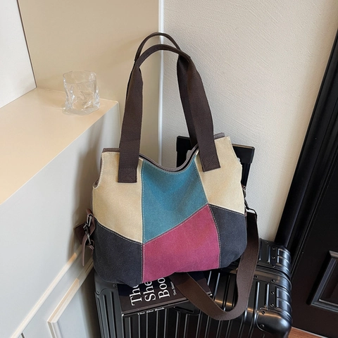 Large Capacity Canvas Tote Bag Patchwork Contrast Color Handbag Crossbody Shoulder Bag Casual Retro Women Daily