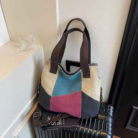 Large Capacity Canvas Tote Bag Patchwork Contrast Color Handbag Crossbody Shoulder Bag Casual Retro Women Daily