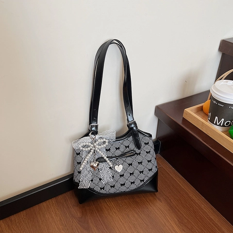 Bolso De Hombro Retro Vichy Para Mujer Con Estampados De Lazos Encaje Perla Artificial Corazón Charms Correa Ajustable Bolso Cuero PU