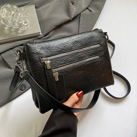 Sac Bandoulière Vintage Femme Cuir PU Multi-Poches Fermetures Éclair Parallèles Petit Sac Carré Mode Simple