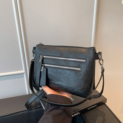 Sac Bandoulière Vintage Femme Cuir PU Multi-Poches Fermetures Éclair Parallèles Petit Sac Carré Mode Simple
