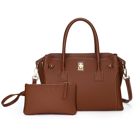Bolso Tote Y Pochette Para Mujer De Cuero PU Con Patrón De Litchi Herrajes Dorados Costuras En Contraste Asas Resistentes