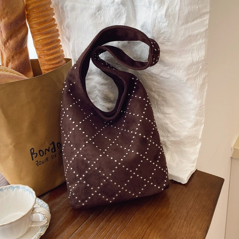 Women Rivet Hobo Bag Suede Frosted PU Leather Diamond Pattern Large Capacity Retro Shoulder Underarm Handbag Punk Style