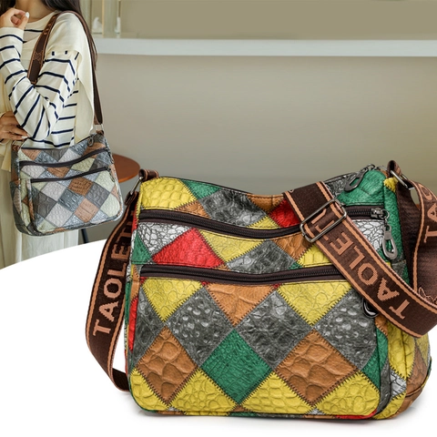 Bolso Bandolera De Retazos Para Mujer Bolsillos Múltiples Cuero PU Bloque De Color Bolso De Hombro Con Correa Ancha Ajustable Estilo Vintage
