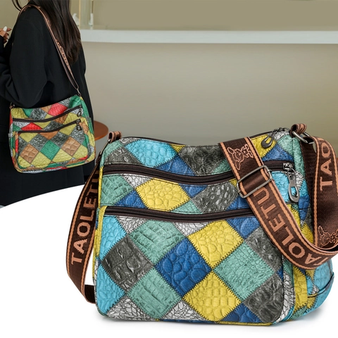 Bolso Bandolera De Retazos Para Mujer Bolsillos Múltiples Cuero PU Bloque De Color Bolso De Hombro Con Correa Ancha Ajustable Estilo Vintage
