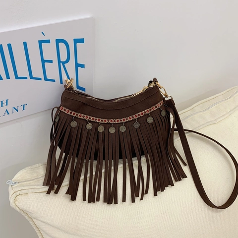 Dames Boho Crossbody Tas Suède Franjes Tassel Etnisch Borduurwerk Metalen Munt Hanger Vintage Schoudertas