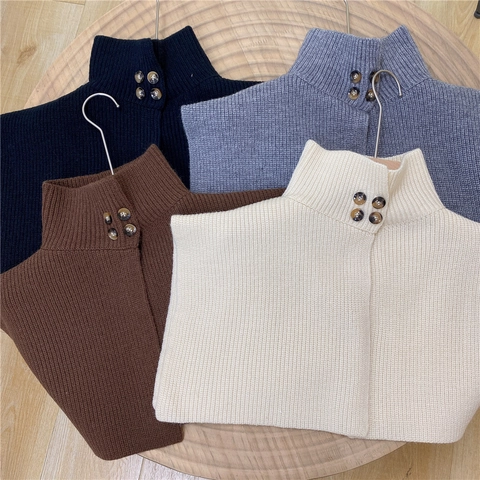 Knitted Fake Collar Neck Warmer Thickened Solid Color Button Decorative Winter Shawl Wrap For Women