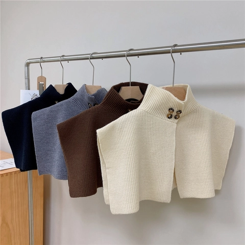 Knitted Fake Collar Neck Warmer Thickened Solid Color Button Decorative Winter Shawl Wrap For Women