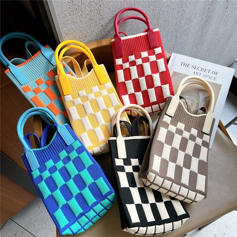 Borsa per Cellulare a Maglia da Donna Piccola Borsa a Tracolla Con Manico Rigido Leggera Motivo Argyle Mini Borsetta