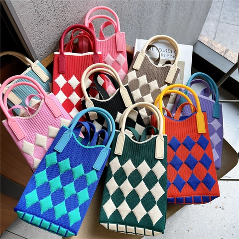 Borsa per Cellulare a Maglia da Donna Piccola Borsa a Tracolla Con Manico Rigido Leggera Motivo Argyle Mini Borsetta