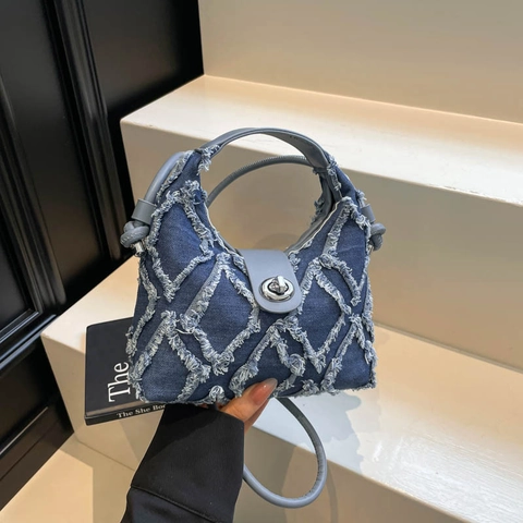 Denim Handtasche Damen Gefranstes Rautenmuster Crossbody Tasche Mit Drehverschluss Lässige Mode Tote