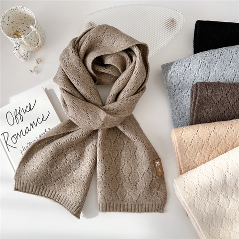 Bufanda De Invierno De Punto Mujer Color Sólido Patrón De Diamante Hueco Cálido Suave Elegante Cuello Moda
