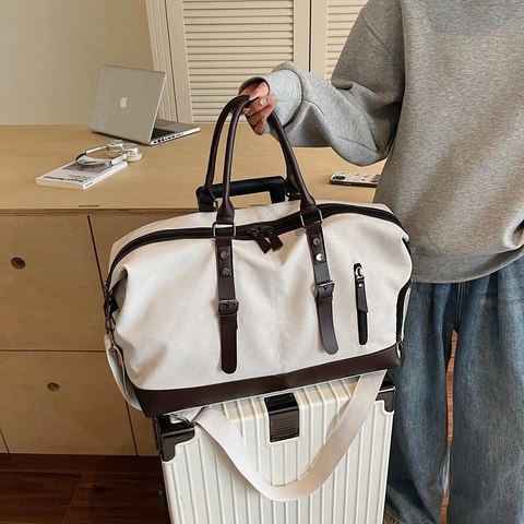 Borsa Da Viaggio Tela Grande Capacità Finiture Pelle Weekender Bagaglio Palestra Scomparto Scarpe Indipendente