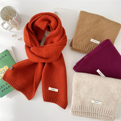 Knitted Wool Winter Scarf Solid Color Thick Warm Ribbed Trim Elegant Simple Style Accessory For Women Daily Wear