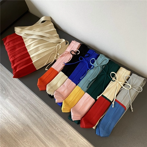 Gestrickte Plissee Tragetasche Color Block Akkordeon Schultertasche Mit Schleifendekoration Lässige Mode Für Damen Kapazität