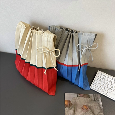 Gestrickte Plissee Tragetasche Color Block Akkordeon Schultertasche Mit Schleifendekoration Lässige Mode Für Damen Kapazität
