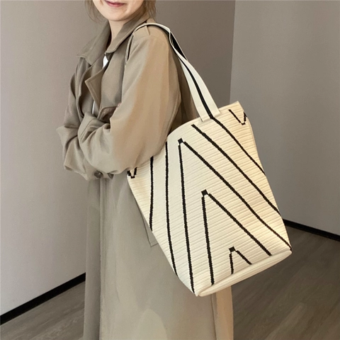 Großer Strick Shopper Tasche Damen Geometrisches Muster Schultertasche Lässig Pendler Polyester Häkel Handtasche