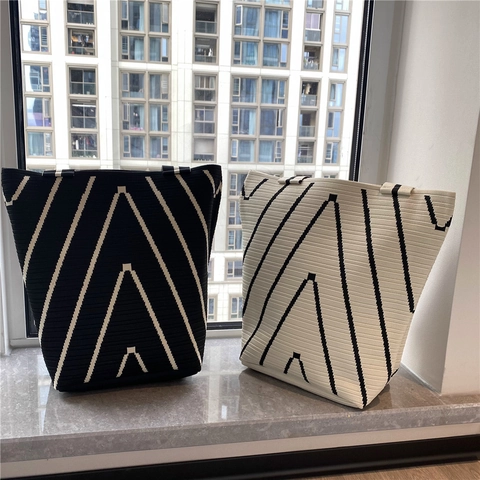 Großer Strick Shopper Tasche Damen Geometrisches Muster Schultertasche Lässig Pendler Polyester Häkel Handtasche
