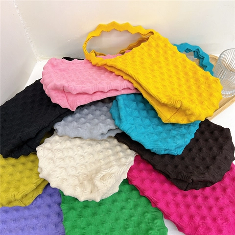 Popcorn Knit Handbag Bubble Texture Polyester Wavy Handle Solid Color Mini Tote Bag Daily Trendy Fashion Simple