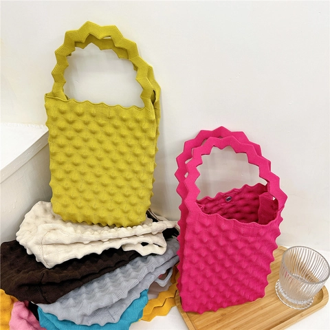 Popcorn Knit Handbag Bubble Texture Polyester Wavy Handle Solid Color Mini Tote Bag Daily Trendy Fashion Simple