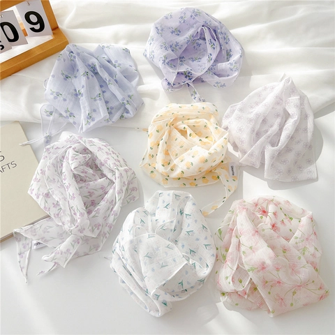 Floral Print Chiffon Neck Scarf Lightweight Tulle Headband For Women Decorative Skinny Bandana Sweet Pastoral Style