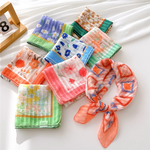 Sciarpa Quadrata Floreale Stile Coreano Misto Poliestere Cotone Stampato Traspirante Leggero Decorazione Collo Capelli Borsa