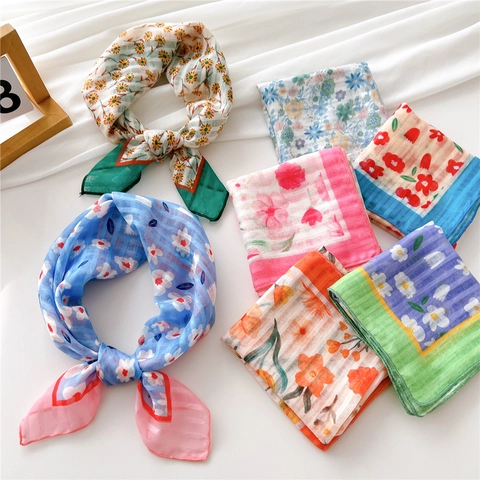 Sciarpa Quadrata Floreale Stile Coreano Misto Poliestere Cotone Stampato Traspirante Leggero Decorazione Collo Capelli Borsa