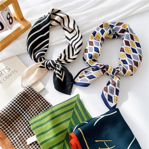 Sciarpa Quadrata Misto Cotone Lino Elegante Argyle Pied De Poule Stampato Cravatta Versatile Accessorio Capelli Decorazione Borsa