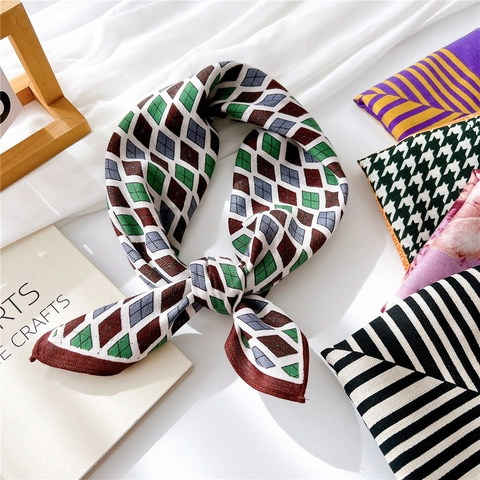 Sciarpa Quadrata Misto Cotone Lino Elegante Argyle Pied De Poule Stampato Cravatta Versatile Accessorio Capelli Decorazione Borsa