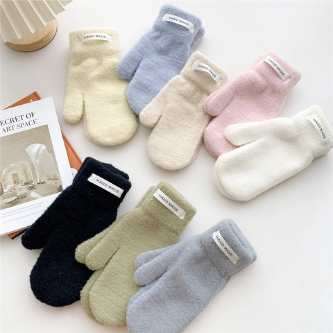 Women's Winter Warm Knitted Mittens Thick Fleece Lined Solid Color Soft Plush Gloves For Outdoor Cold Weather Cycling
