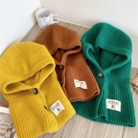 Knitted Hooded Scarf And Gloves Winter Neck Warmer Ear Protection Balaclava Button Closure Thick Ribbed Outdoor Windproof