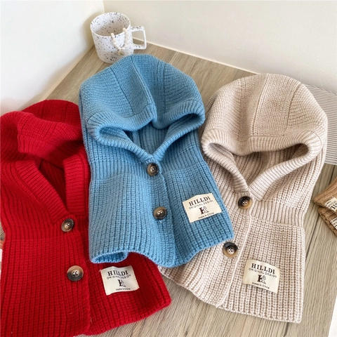 Knitted Hooded Scarf And Gloves Winter Neck Warmer Ear Protection Balaclava Button Closure Thick Ribbed Outdoor Windproof