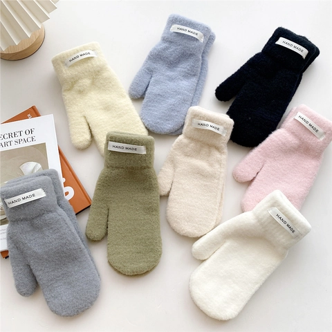 Women's Winter Warm Knitted Mittens Thick Fleece Lined Solid Color Soft Plush Gloves For Outdoor Cold Weather Cycling