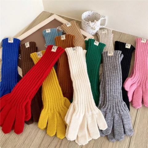 Guantes Largos De Punto Calentadores De Brazos Térmicos Acanalados Color Sólido Invierno Otoño Mitones Cálidos Con Diseño De Parche