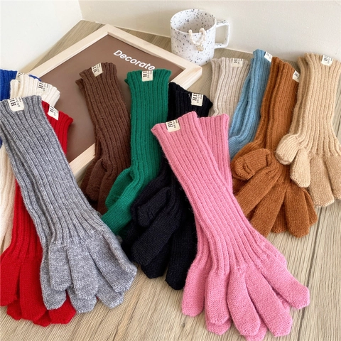Guantes Largos De Punto Calentadores De Brazos Térmicos Acanalados Color Sólido Invierno Otoño Mitones Cálidos Con Diseño De Parche