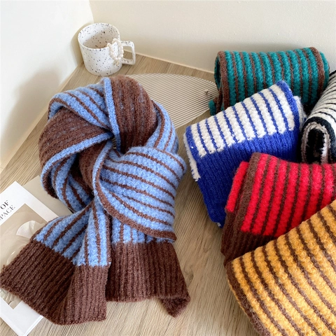 Damen Gestreifter Strickschal Winter Verdickt Warm Halswärmer Polyester Gerippte Kante Koreanische Mode Vielseitig