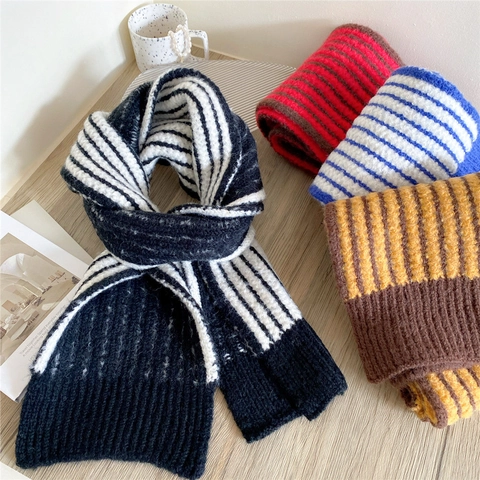 Damen Gestreifter Strickschal Winter Verdickt Warm Halswärmer Polyester Gerippte Kante Koreanische Mode Vielseitig