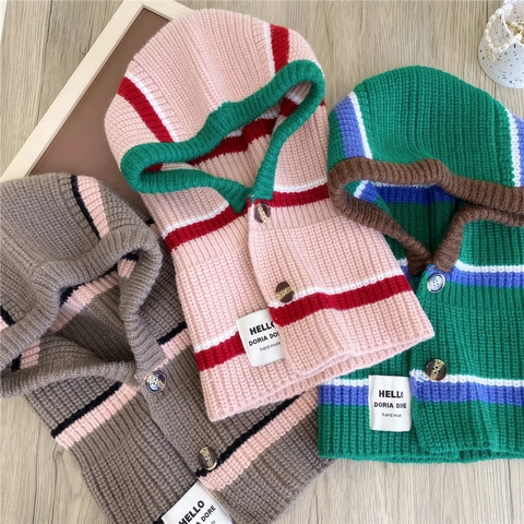Sciarpa Con Cappuccio Passamontagna In Maglia Poliestere A Righe Caldo Inverno Scaldacollo Chiusura Con Bottone Esterno Donna