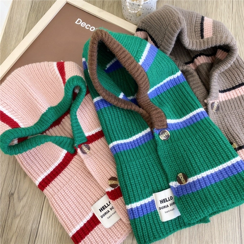 Sciarpa Con Cappuccio Passamontagna In Maglia Poliestere A Righe Caldo Inverno Scaldacollo Chiusura Con Bottone Esterno Donna